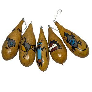 5pc Native American Hand Painted Signed JC Teardrop Gourd Ornament Apache NM
